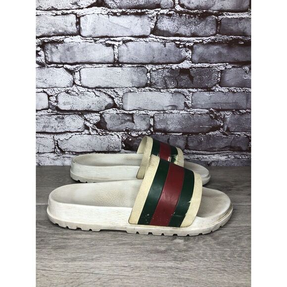 GUCCI Web White Rubber Logo Casual Slides Designer Sandals Men’s Sz 11M US/44EU - Picture 12 of 16